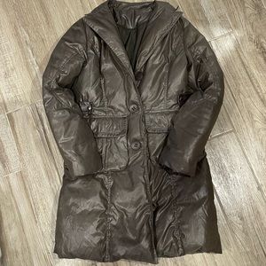 Rudsuk chocolate brown fall puffer jacket, giant buttons, mid length - Medium